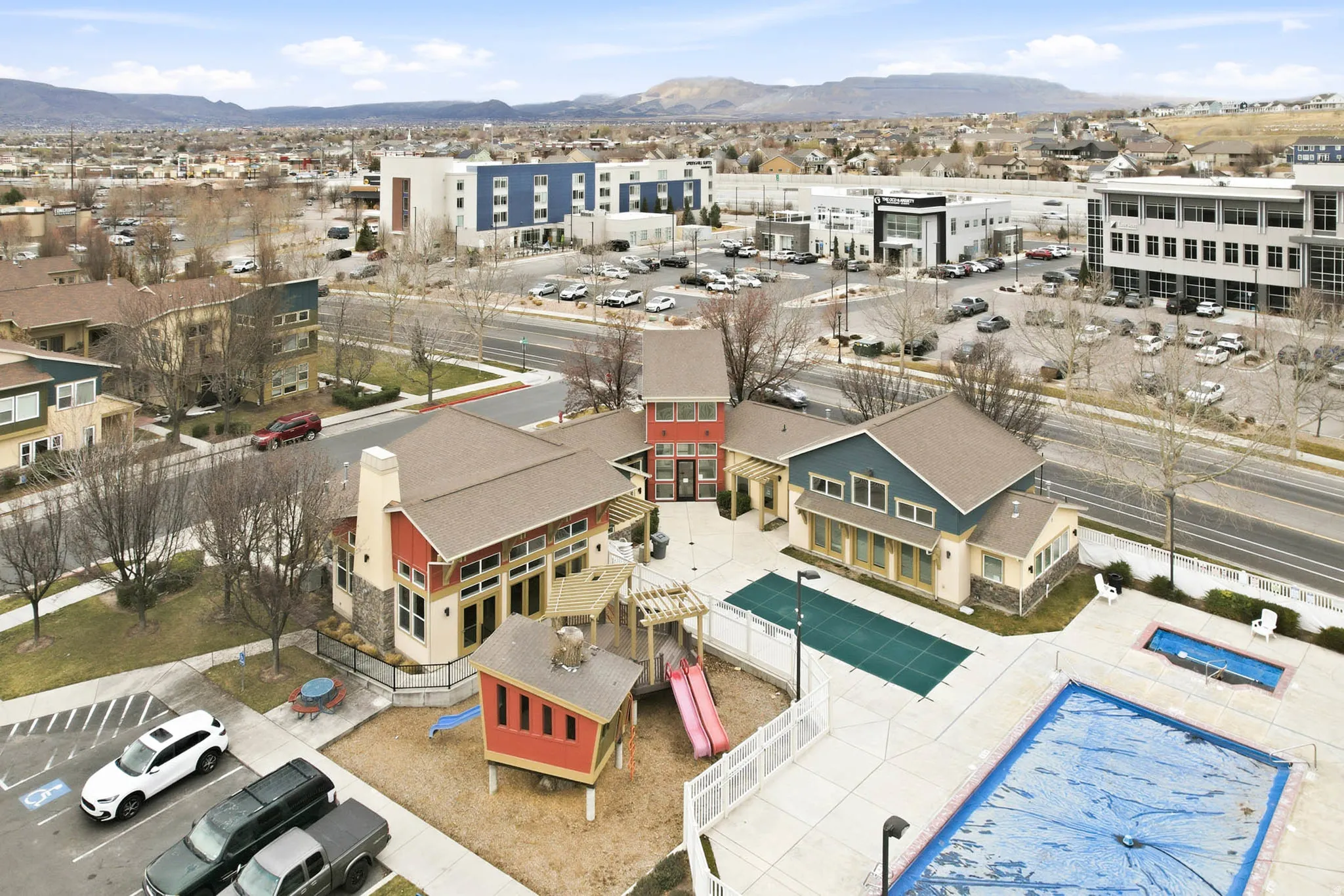 Drone / aerial view of a mountain backdrop