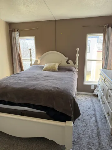 Bedroom with carpet flooring, a textured ceiling, and multiple windows