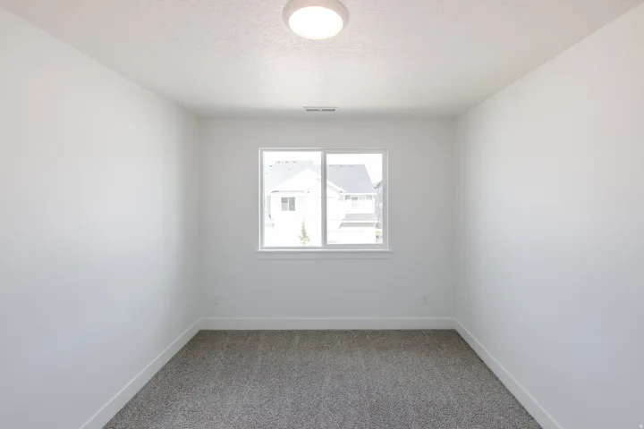 Neutral tone wall finishes, gray carpet, and a single window with white trim
