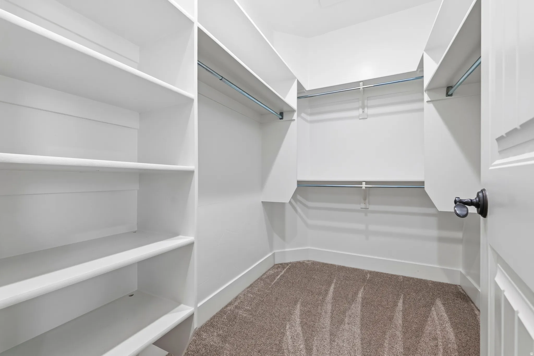 Walk in closet featuring dark carpet