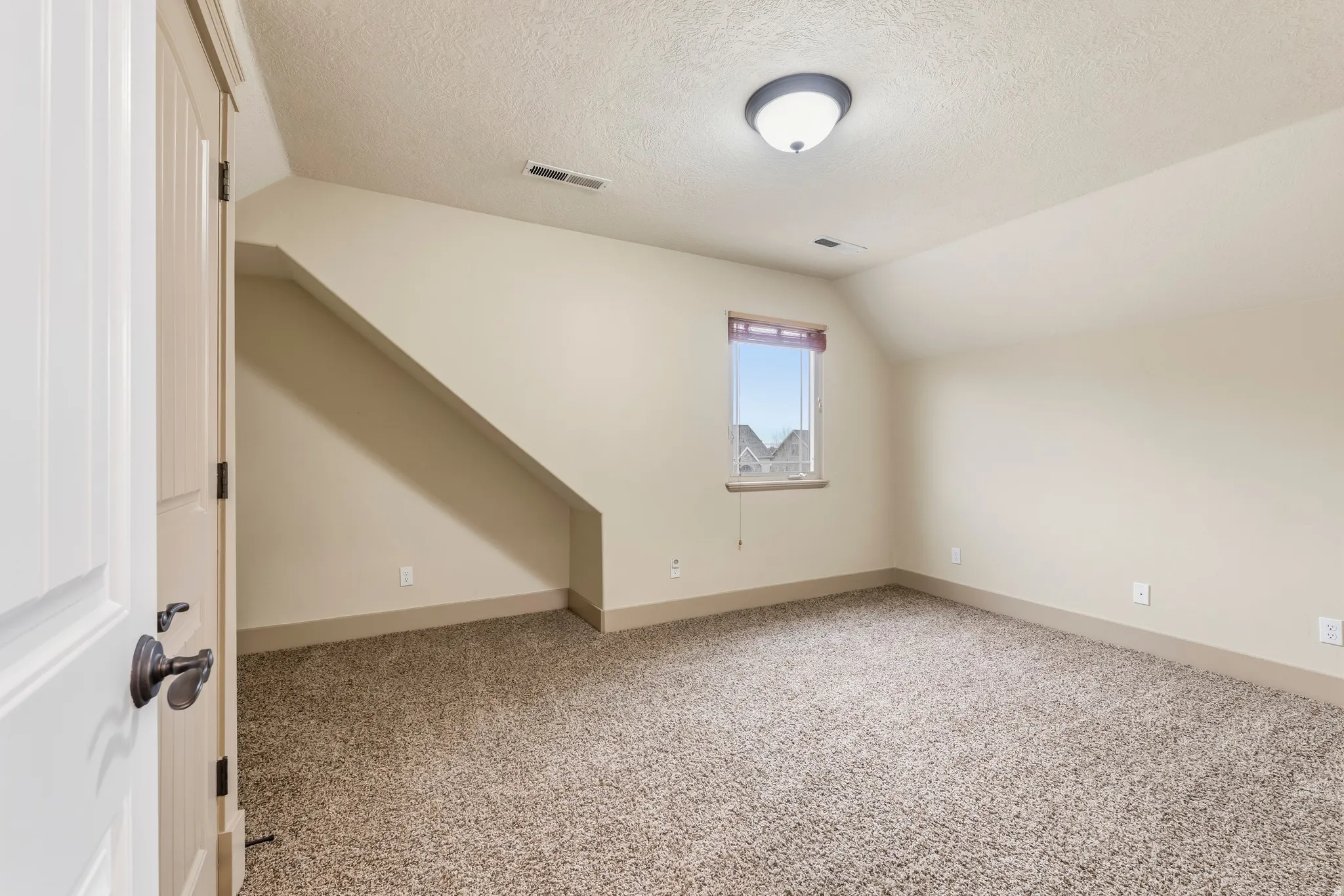 Bonus room with light carpet and baseboards