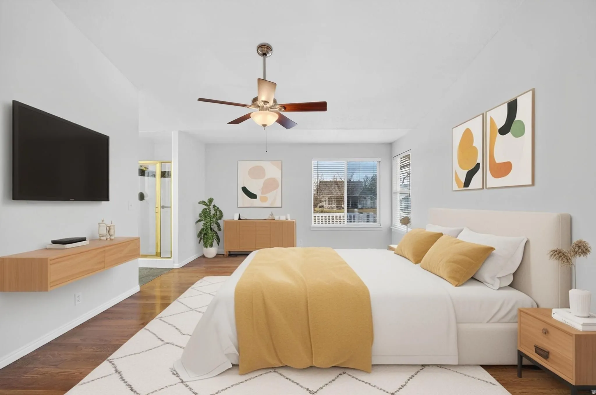 Bedroom featuring dark wood-type flooring and ceiling fan