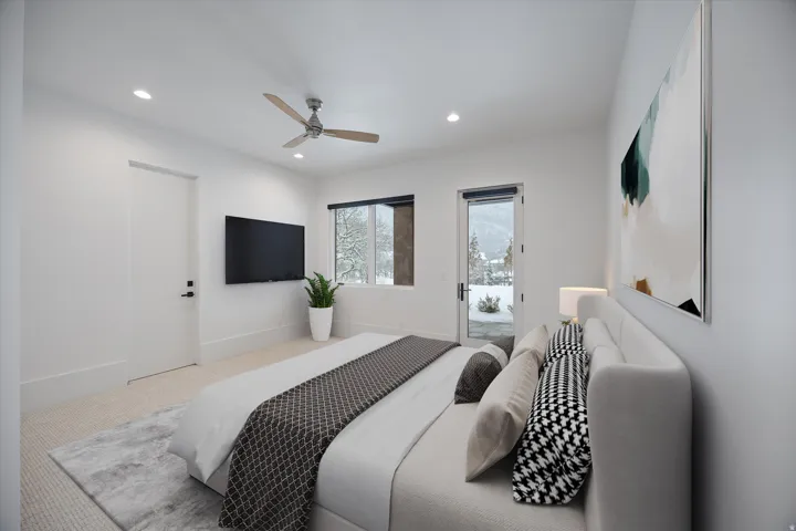 Carpeted bedroom featuring ceiling fan, access to exterior, and recessed lighting