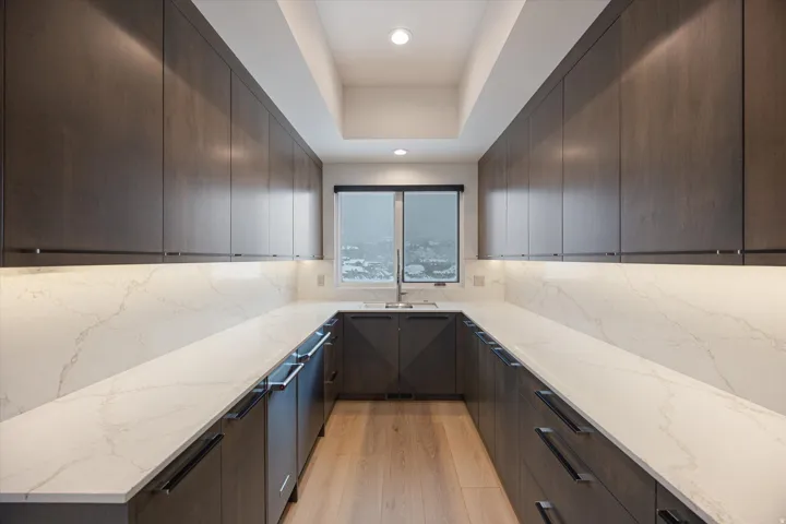 Kitchen featuring light stone counters, modern cabinets, dark wood finish cabinets, a tray ceiling, and recessed lighting