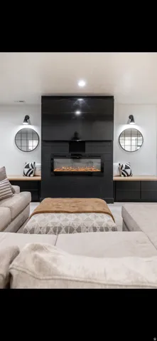 Detailed view of a glass covered fireplace