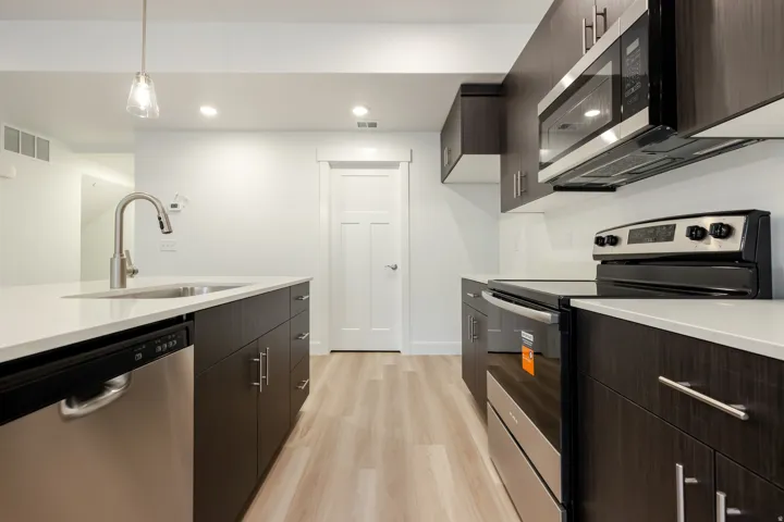 Modern kitchen featuring dark wood-finish cabinetry and light wood-finish flooring