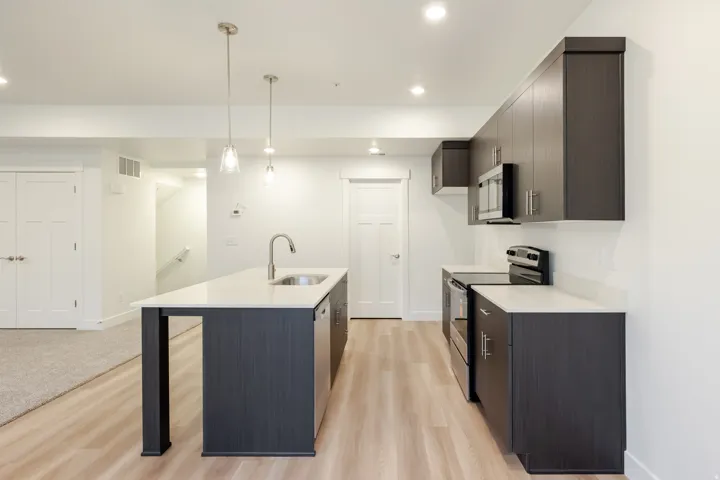 Modern kitchen featuring dark wood-finish cabinetry and light countertops
