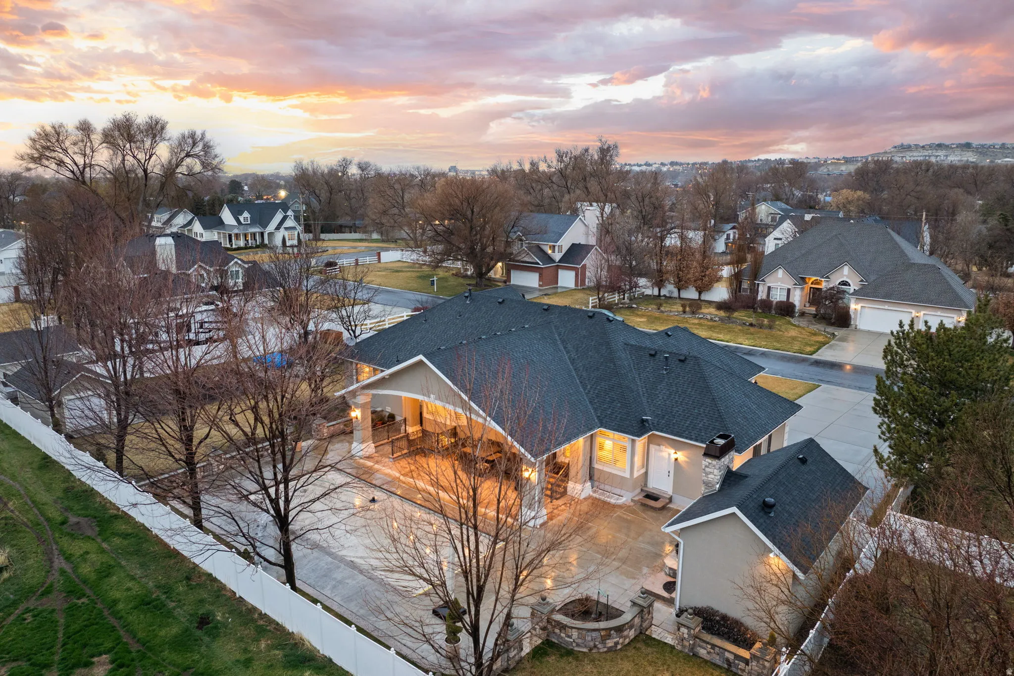 Aerial view at dusk of a residential view
