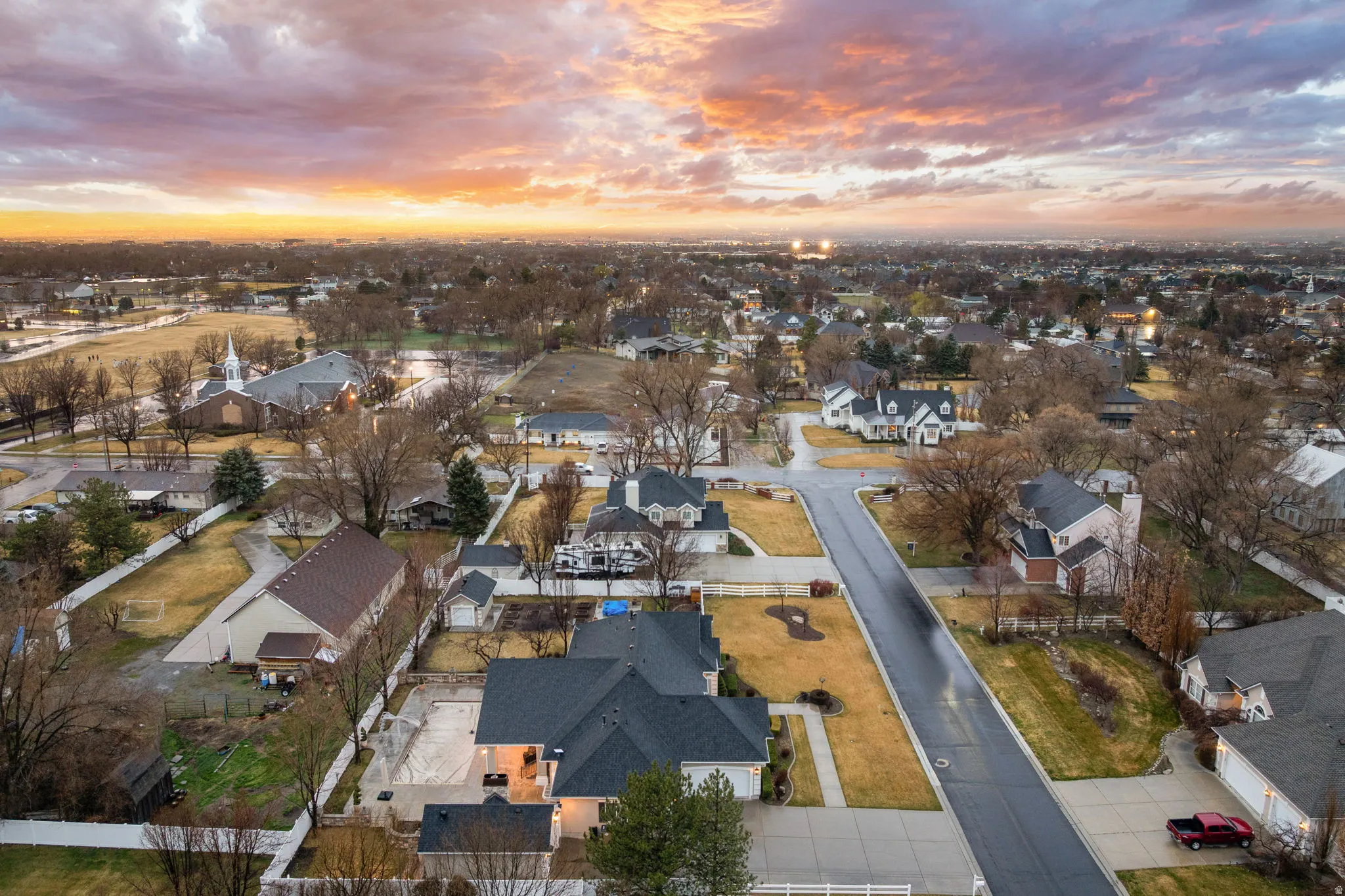 Aerial view at dusk of a residential view