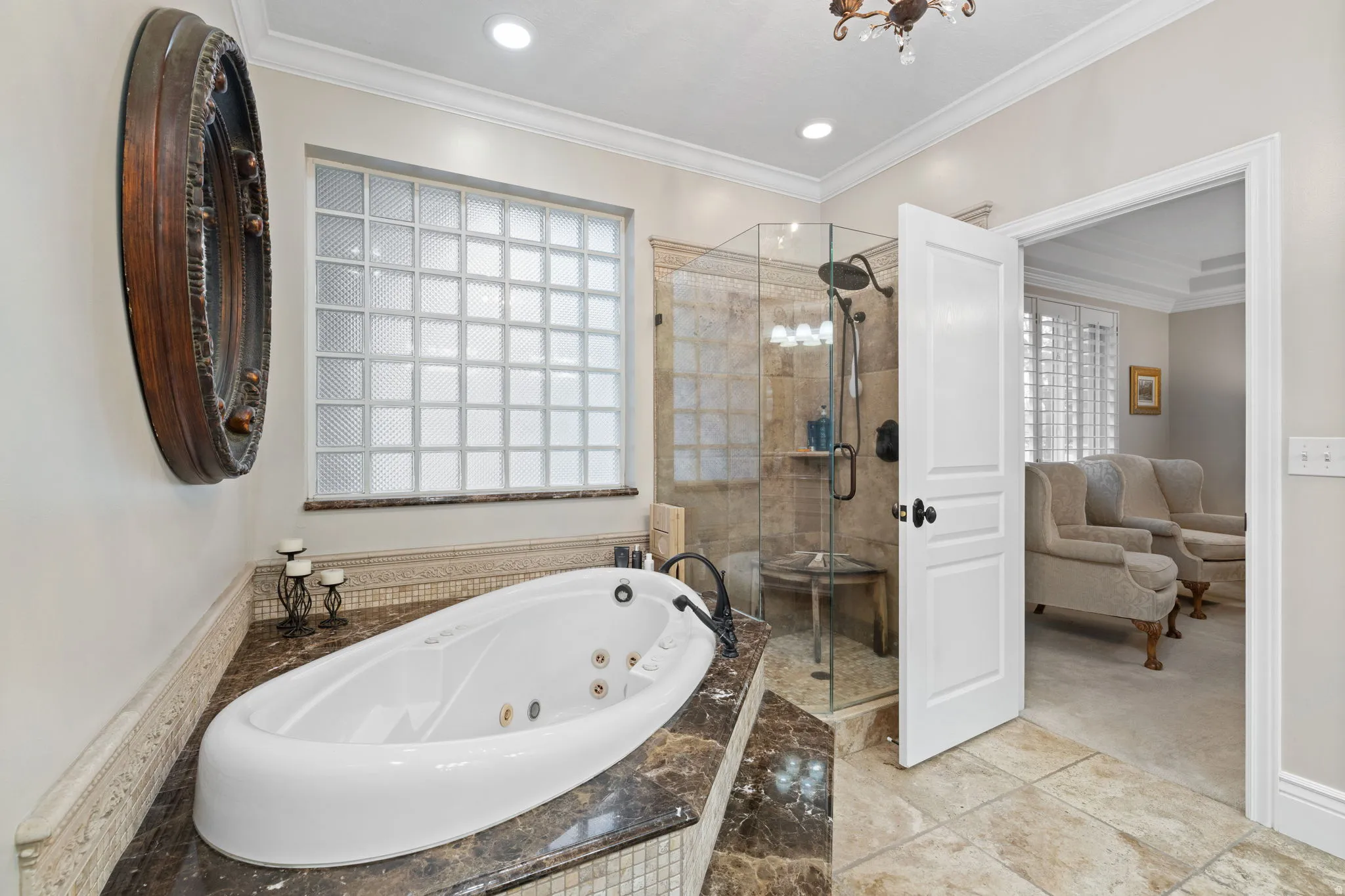 Full bathroom featuring a jetted tub, a shower stall, crown molding, recessed lighting, and light tile patterned flooring