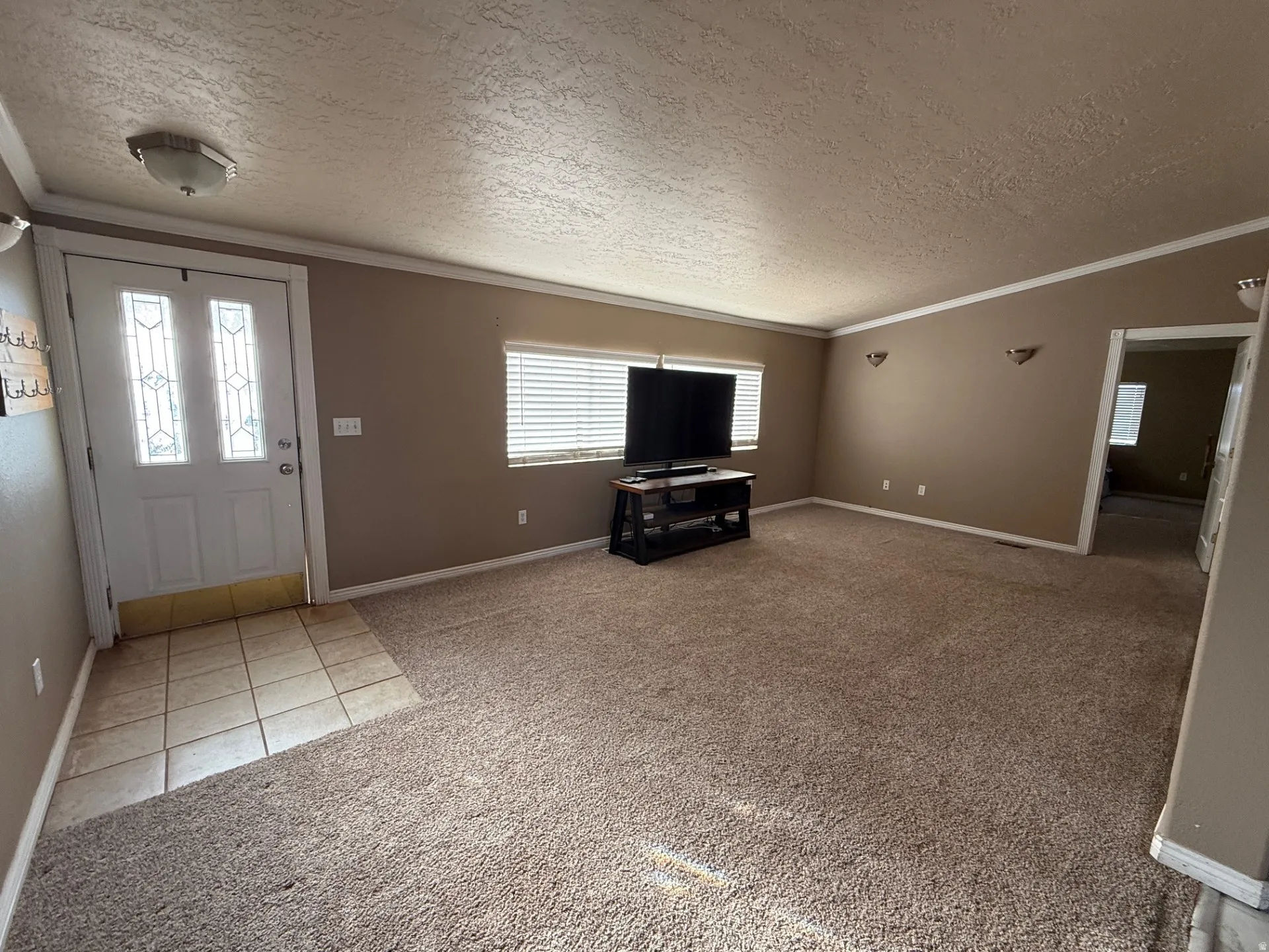 Entrance foyer featuring light colored carpet, a textured ceiling, and ornamental molding