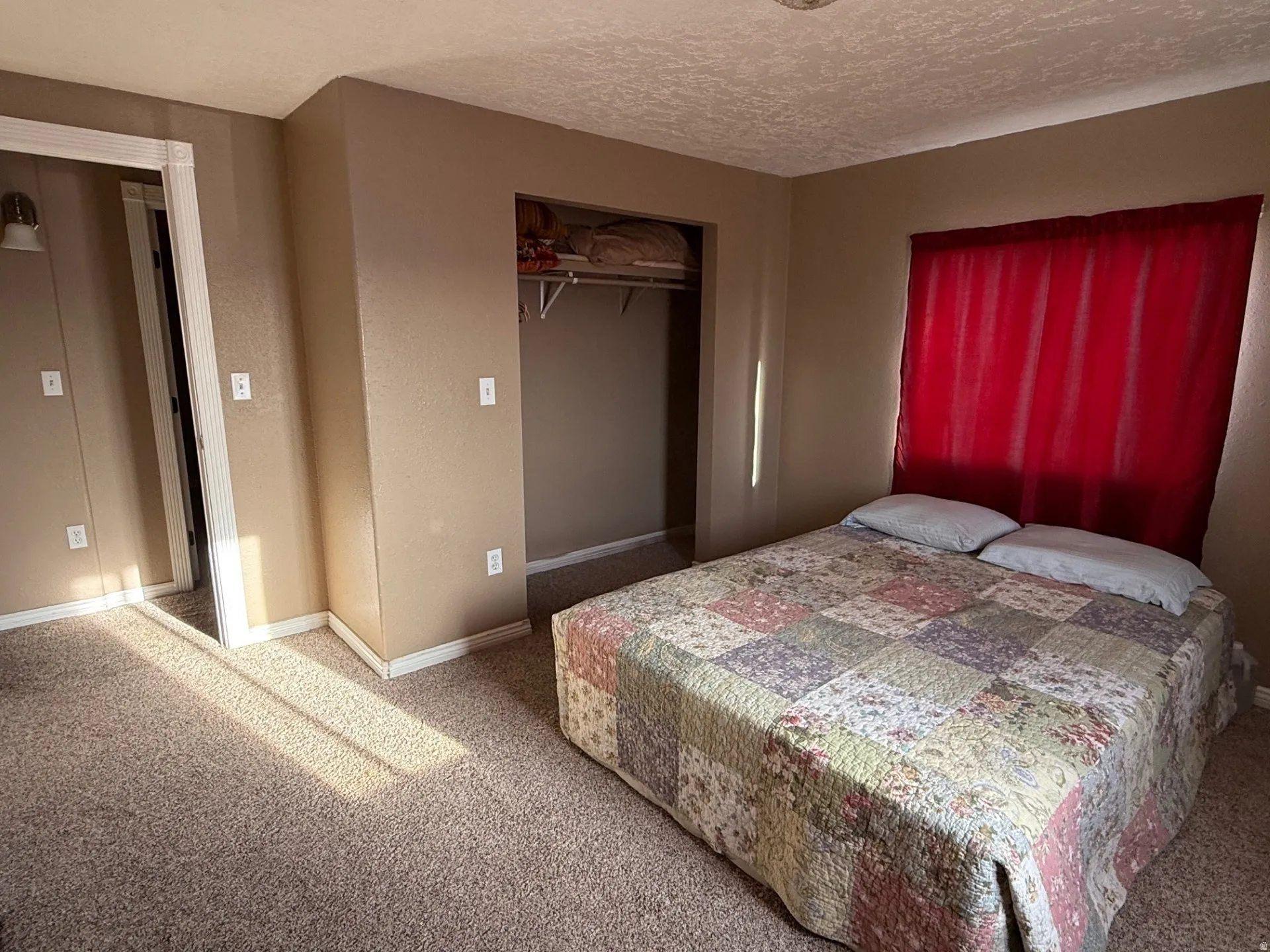 Carpeted bedroom featuring a closet and a textured ceiling
