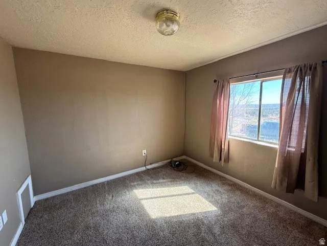 Carpeted spare room featuring a textured ceiling and baseboards