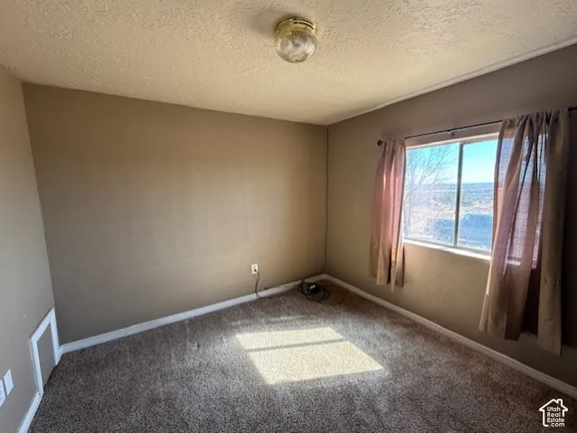 Carpeted spare room featuring a textured ceiling and baseboards