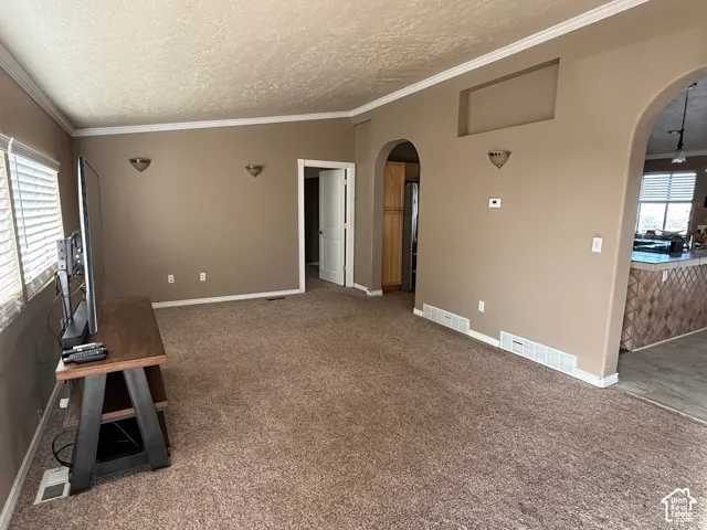 Unfurnished living room featuring arched walkways, light colored carpet, ornamental molding, and a textured ceiling