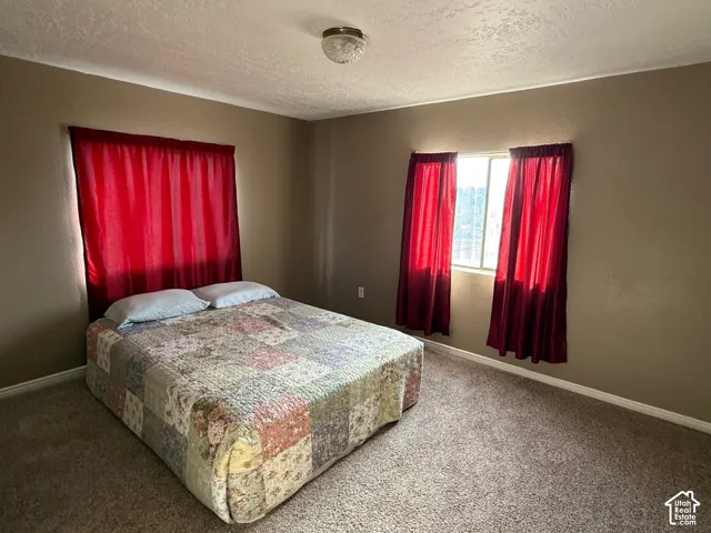Bedroom with a textured ceiling, a textured wall, and carpet