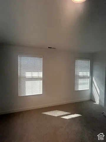 Recessed lighting, neutral wall paint, two windows with blinds, and carpeting