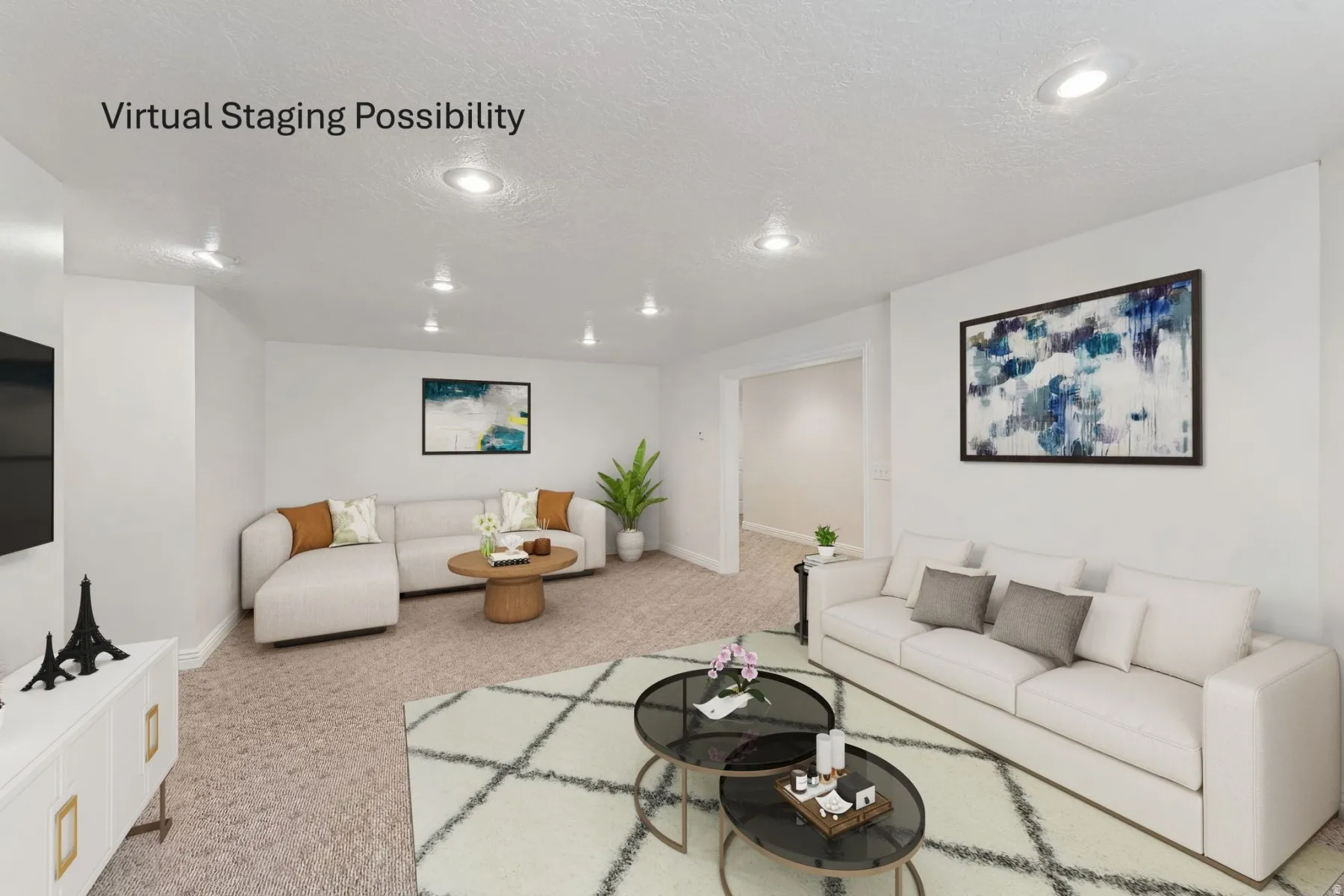 Living area featuring light colored carpet, a textured ceiling, and recessed lighting