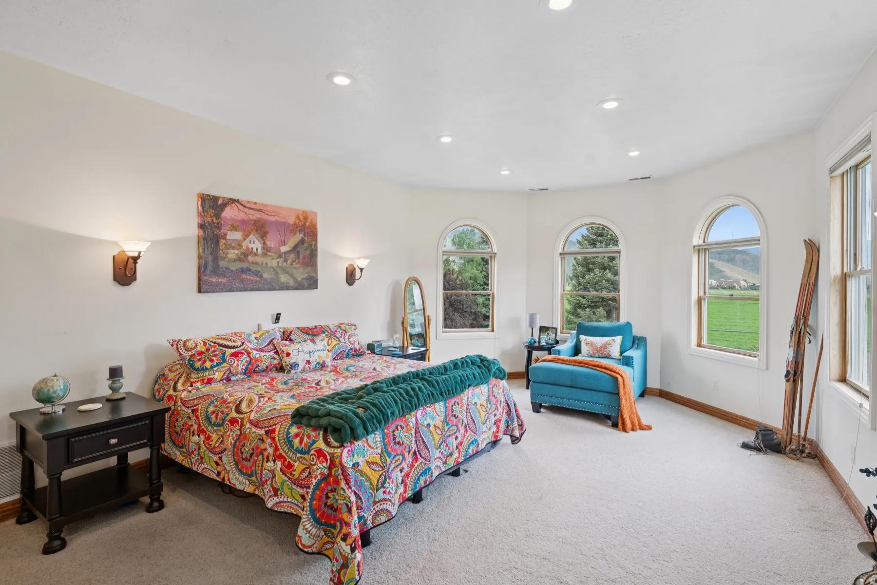 Bedroom featuring light colored carpet and recessed lighting