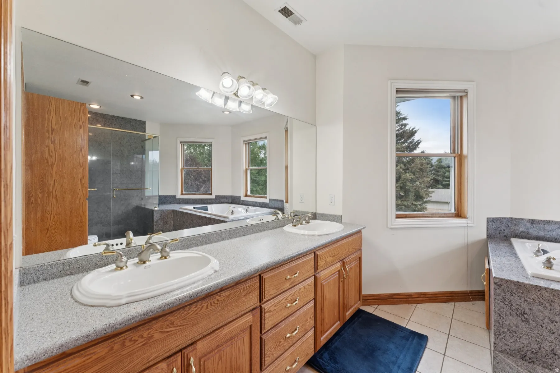 Bathroom featuring a garden tub, double vanity, healthy amount of natural light, and a shower stall