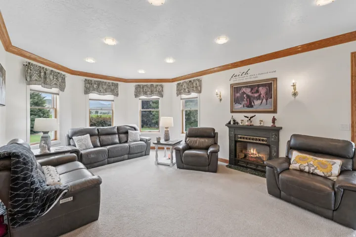 Living room featuring carpet, a glass covered fireplace, crown molding, and a textured ceiling