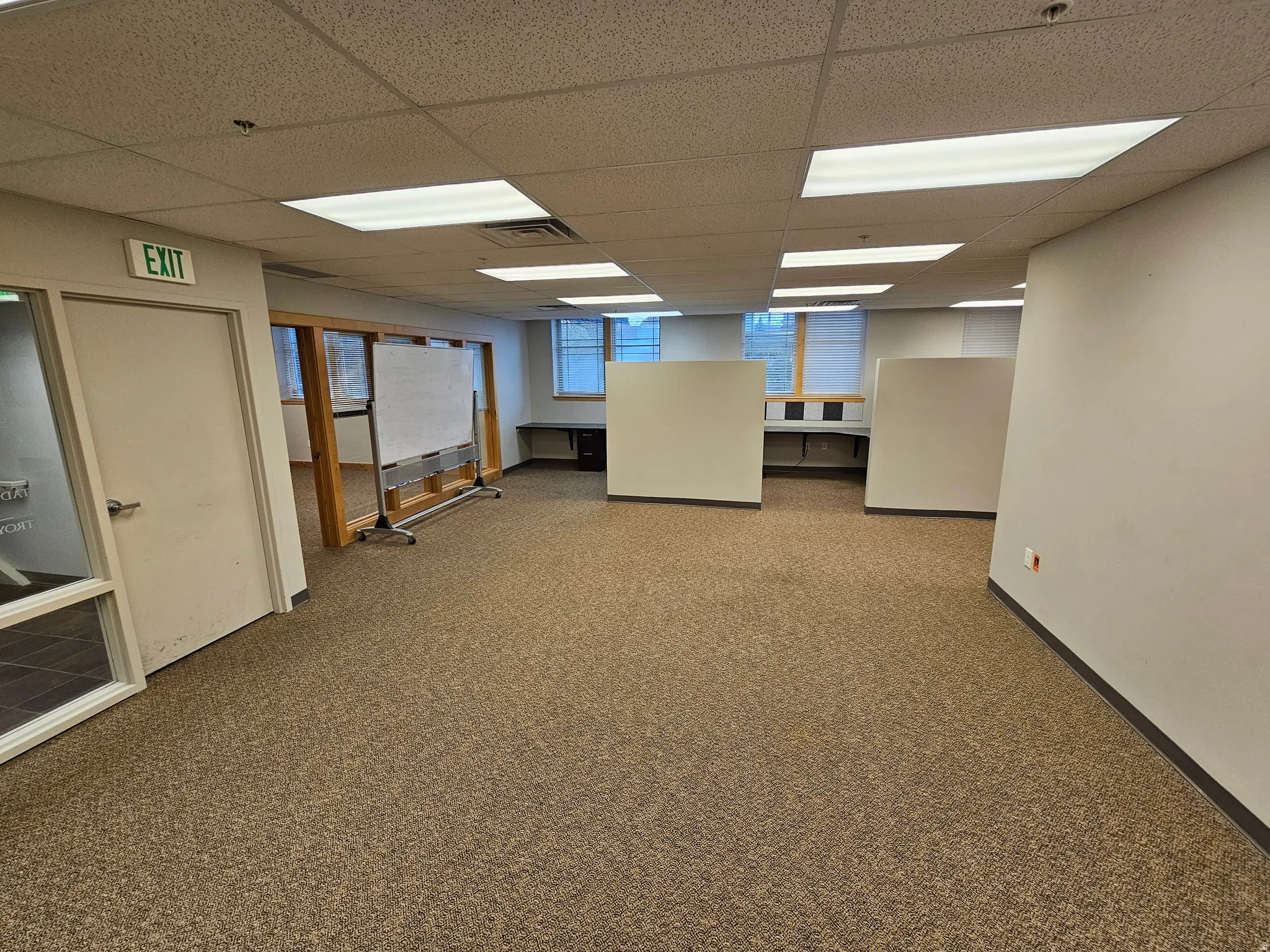 Spare room with carpet and a drop ceiling