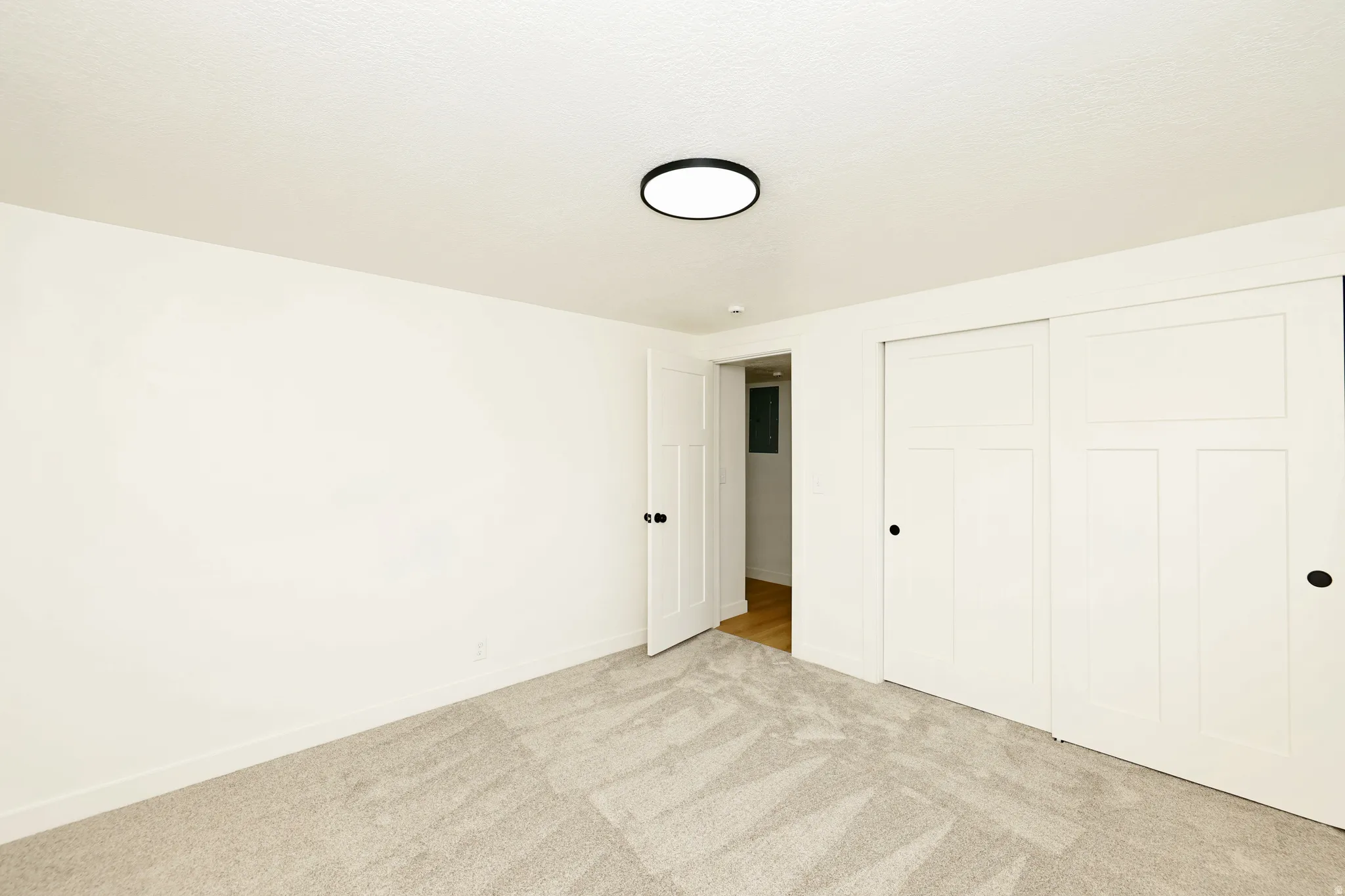 Unfurnished bedroom featuring light carpet and a closet