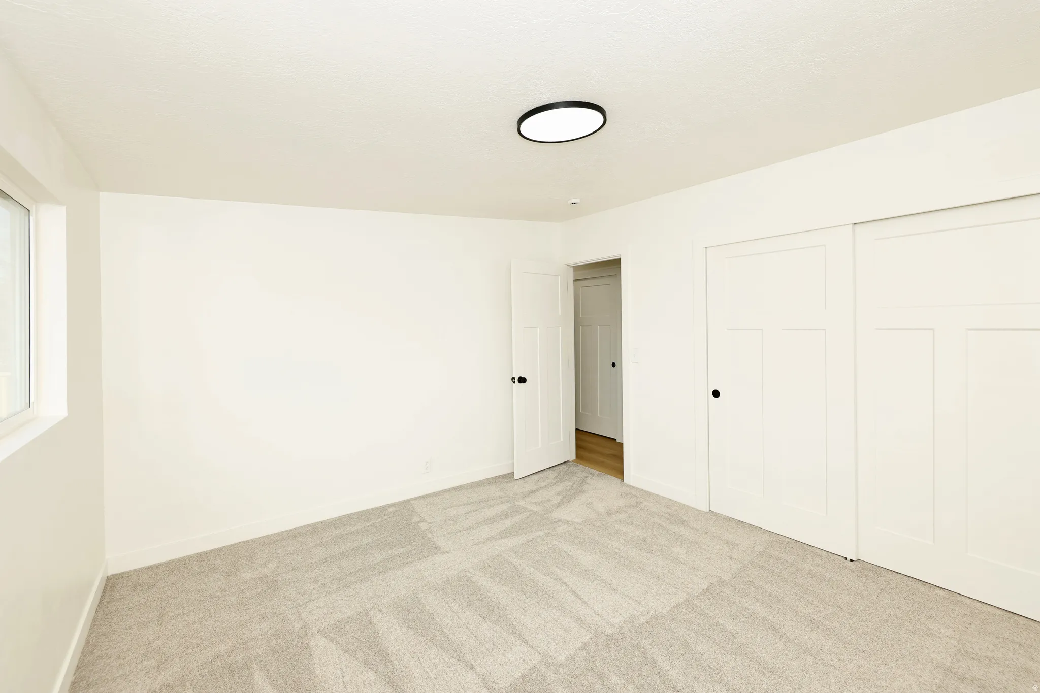 Unfurnished bedroom featuring light carpet and a closet