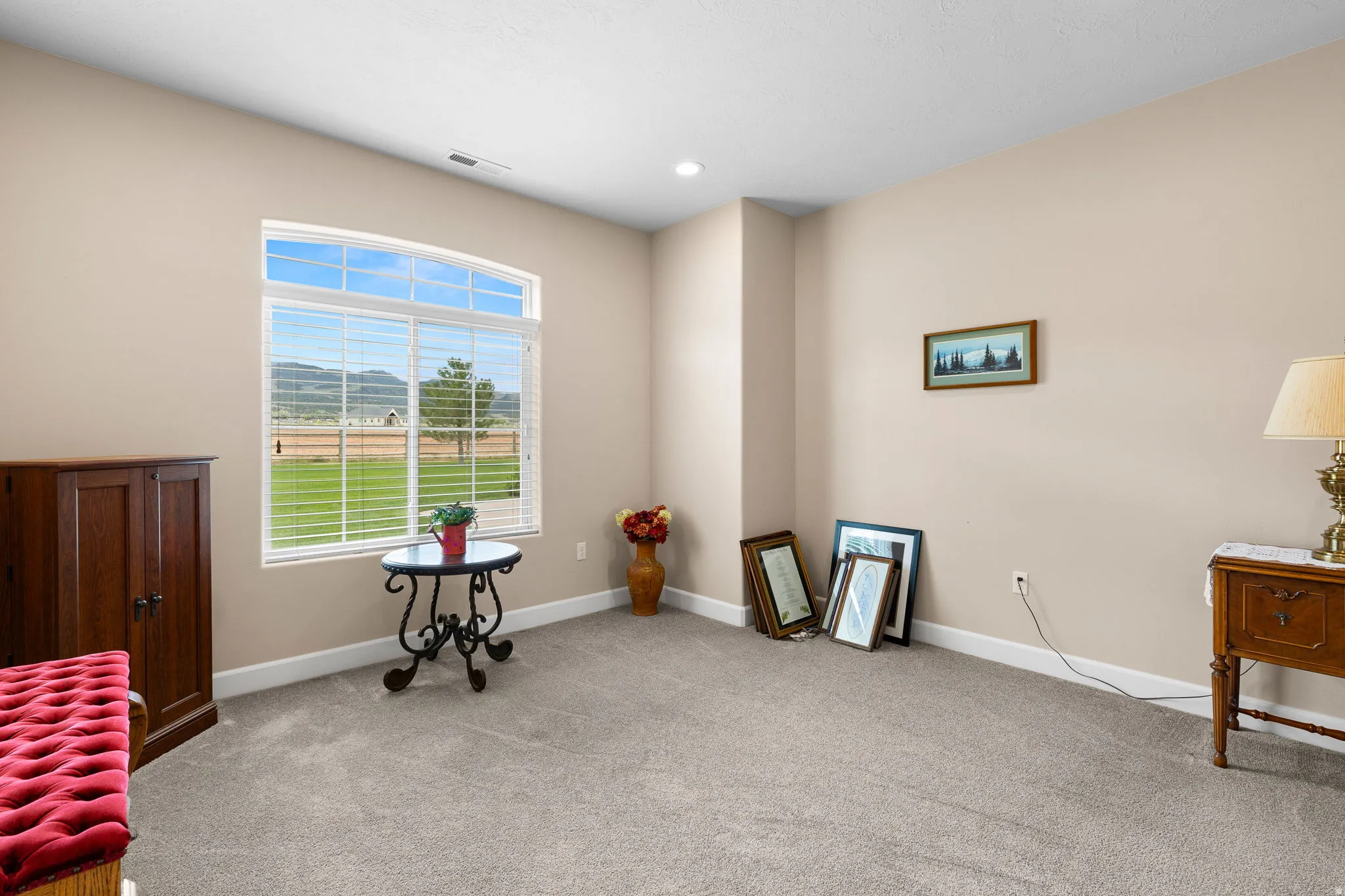 Miscellaneous room featuring light carpet and recessed lighting