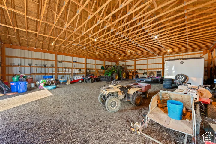 Garage featuring metal wall