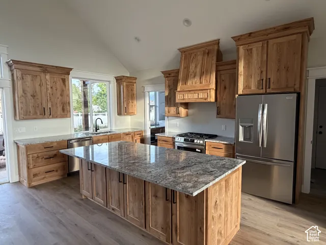 Kitchen featuring a large central island with a stone countertop, custom wood cabinetry, stainless steel appliances, and wood-finish flooring