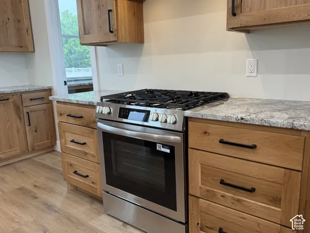 Stainless steel range with a gas cooktop, light-toned wood-finish cabinetry featuring black hardware, and light-toned speckled countertops