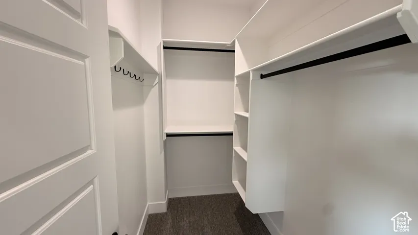 Walk-in closet with built-in shelving, hanging rods, and dark carpeting