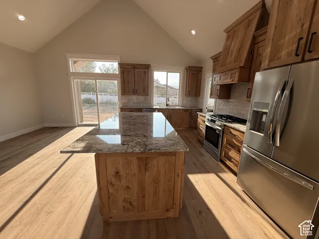 Vaulted ceiling, wood-finish flooring, granite countertops, stainless steel appliances, and custom wood cabinetry