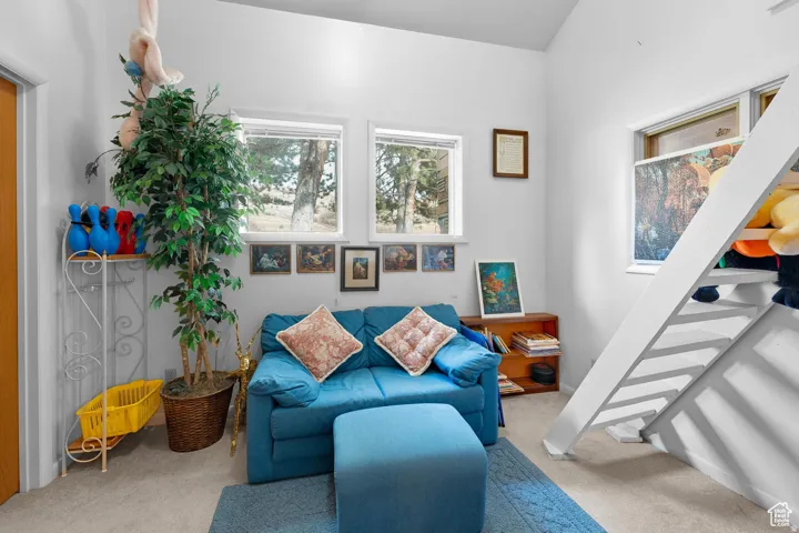 Living room featuring light carpet and baseboards