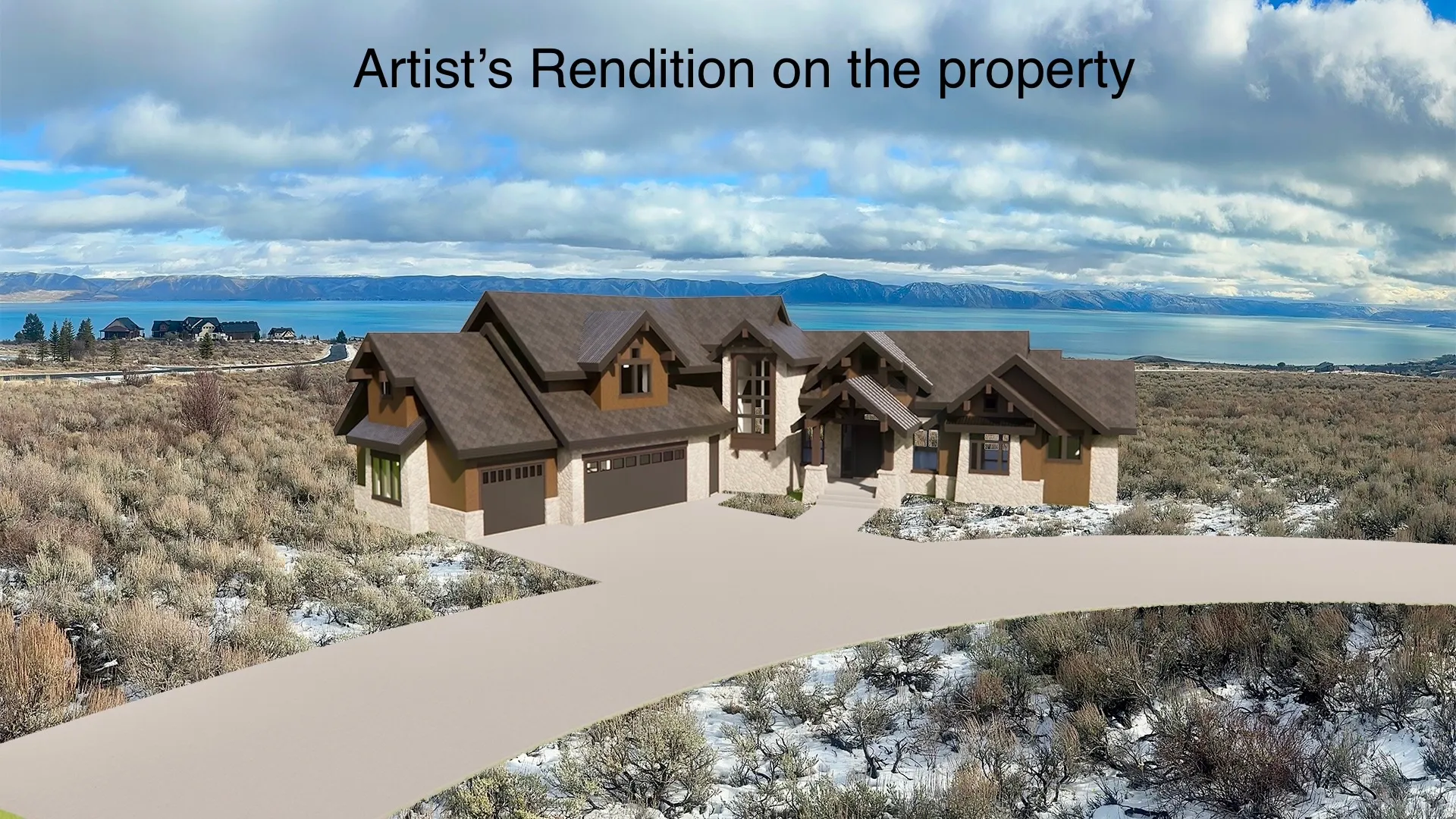 View of front facade with concrete driveway, covered porch, stucco siding, and a water and mountain view