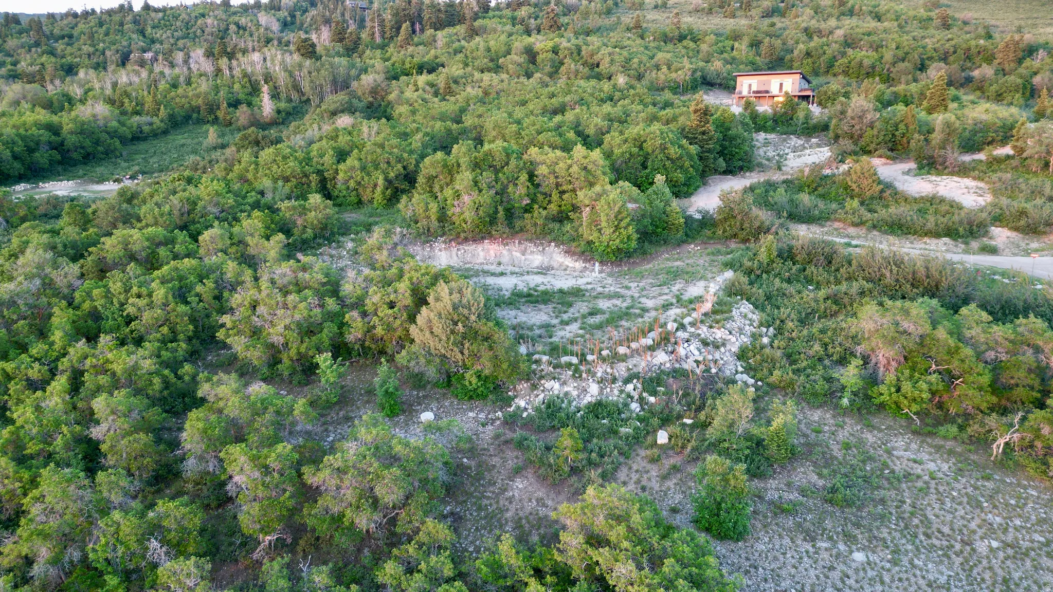 Aerial overview of property's location featuring a heavily wooded area