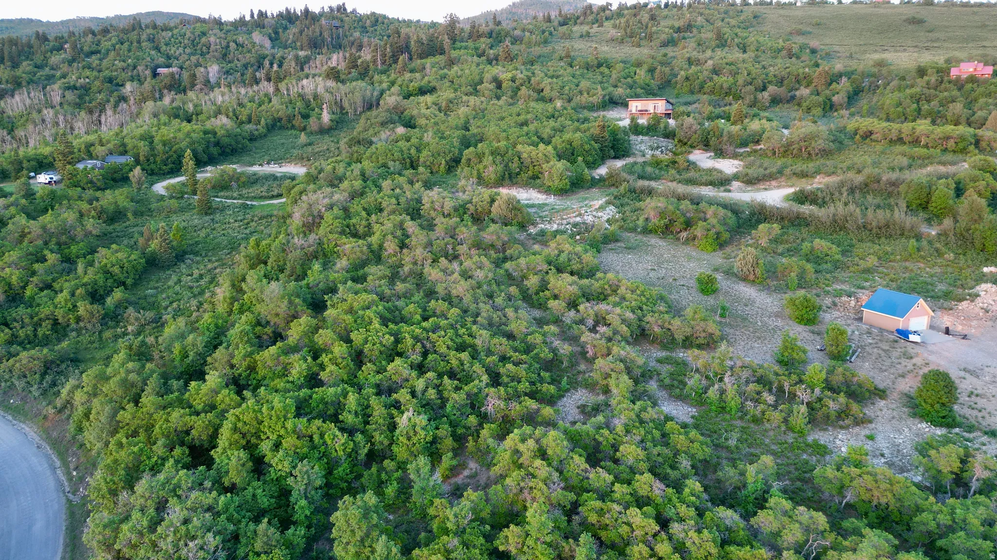 Aerial view of property's location with a forest