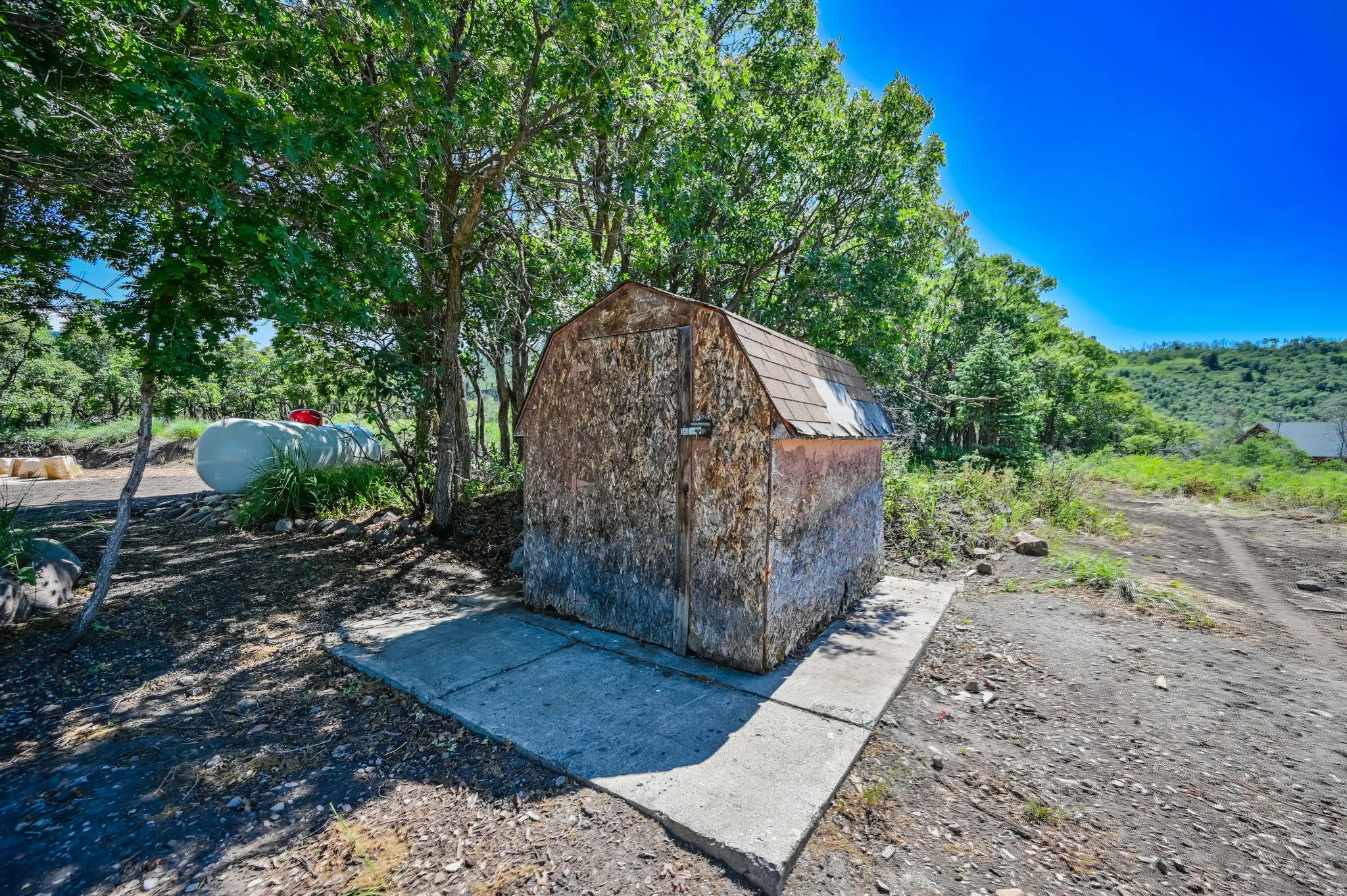 Storage shed featuring a shingled gambrel roof and wood-panel siding on a concrete slab foundation