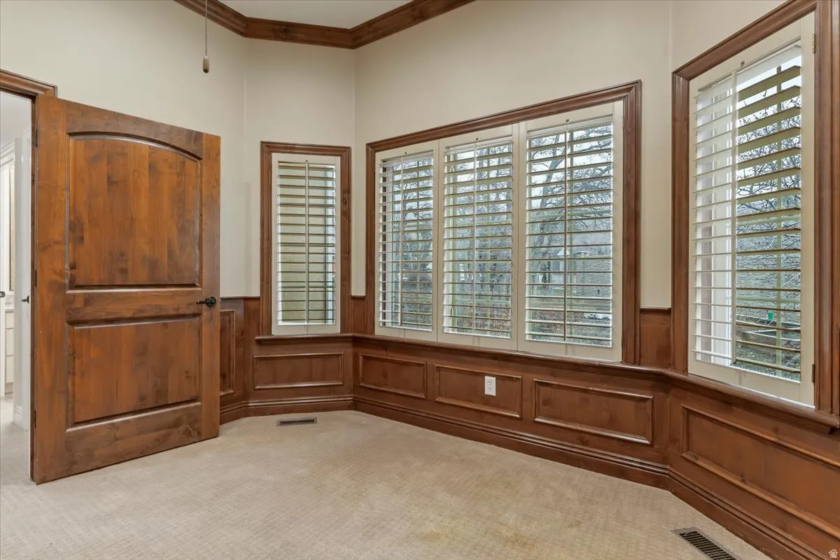Unfurnished room with ornamental molding, a wainscoted wall, and carpet flooring