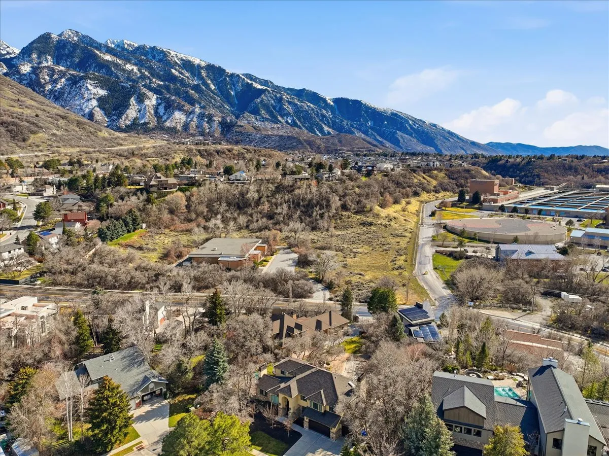 Aerial view of residential area featuring a mountain backdrop