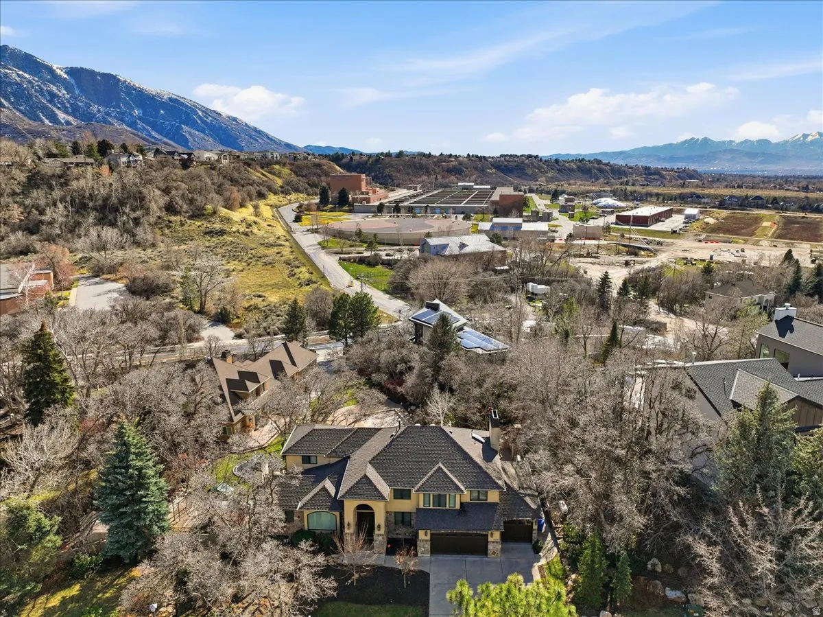 Aerial view of residential area with mountains