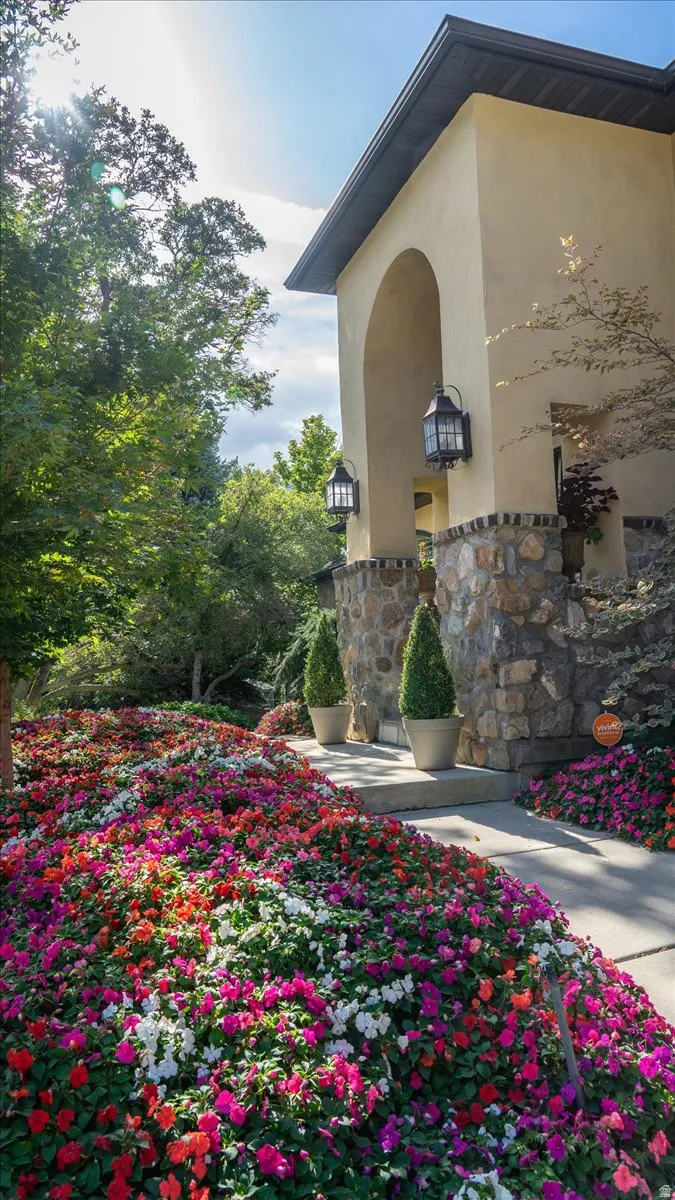 Exterior view of stucco siding and stone siding