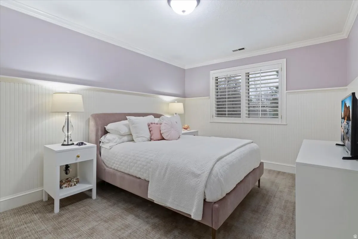 Carpeted bedroom with crown molding and a wainscoted wall