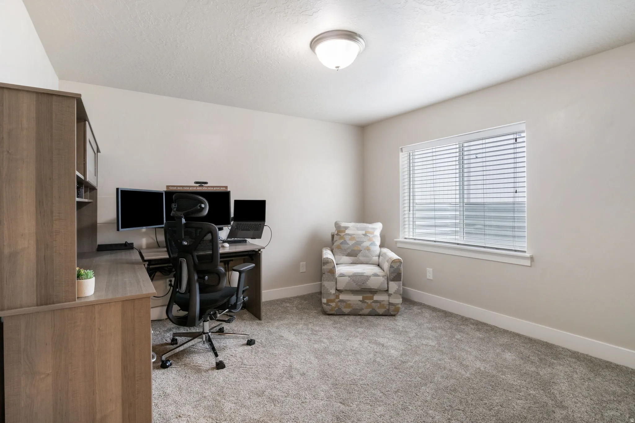 Office space with light colored carpet and a textured ceiling