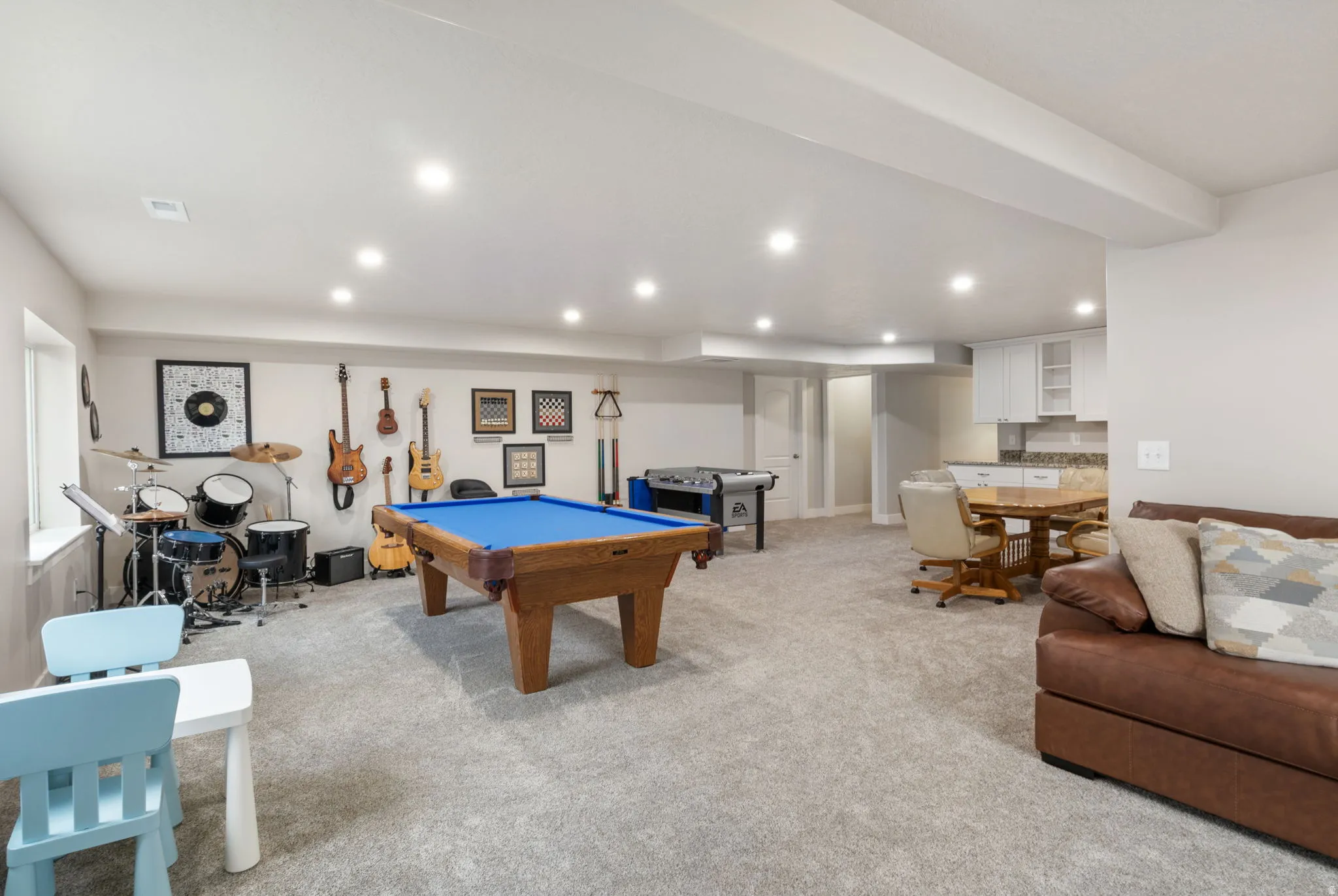 Game room with billiards table, light colored carpet, and recessed lighting
