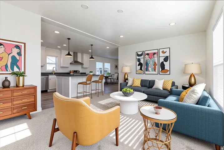 Living area with recessed lighting and light colored carpet