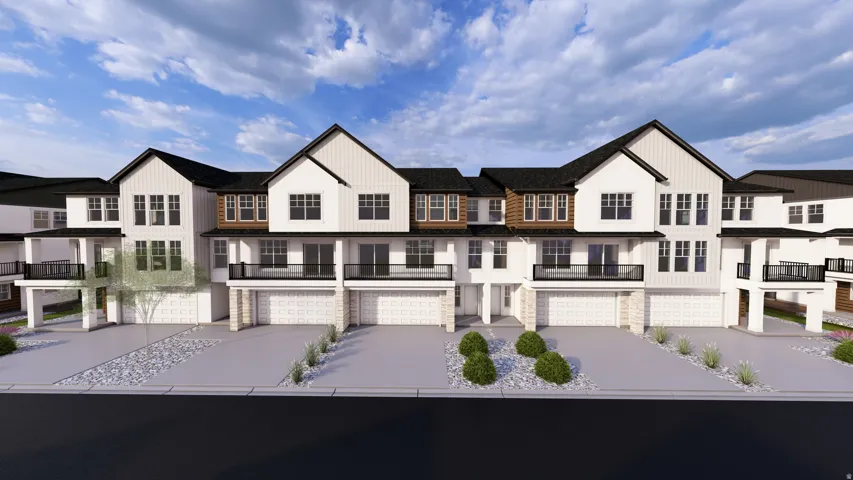 Modern farmhouse with an attached garage, driveway, a balcony, and a residential view