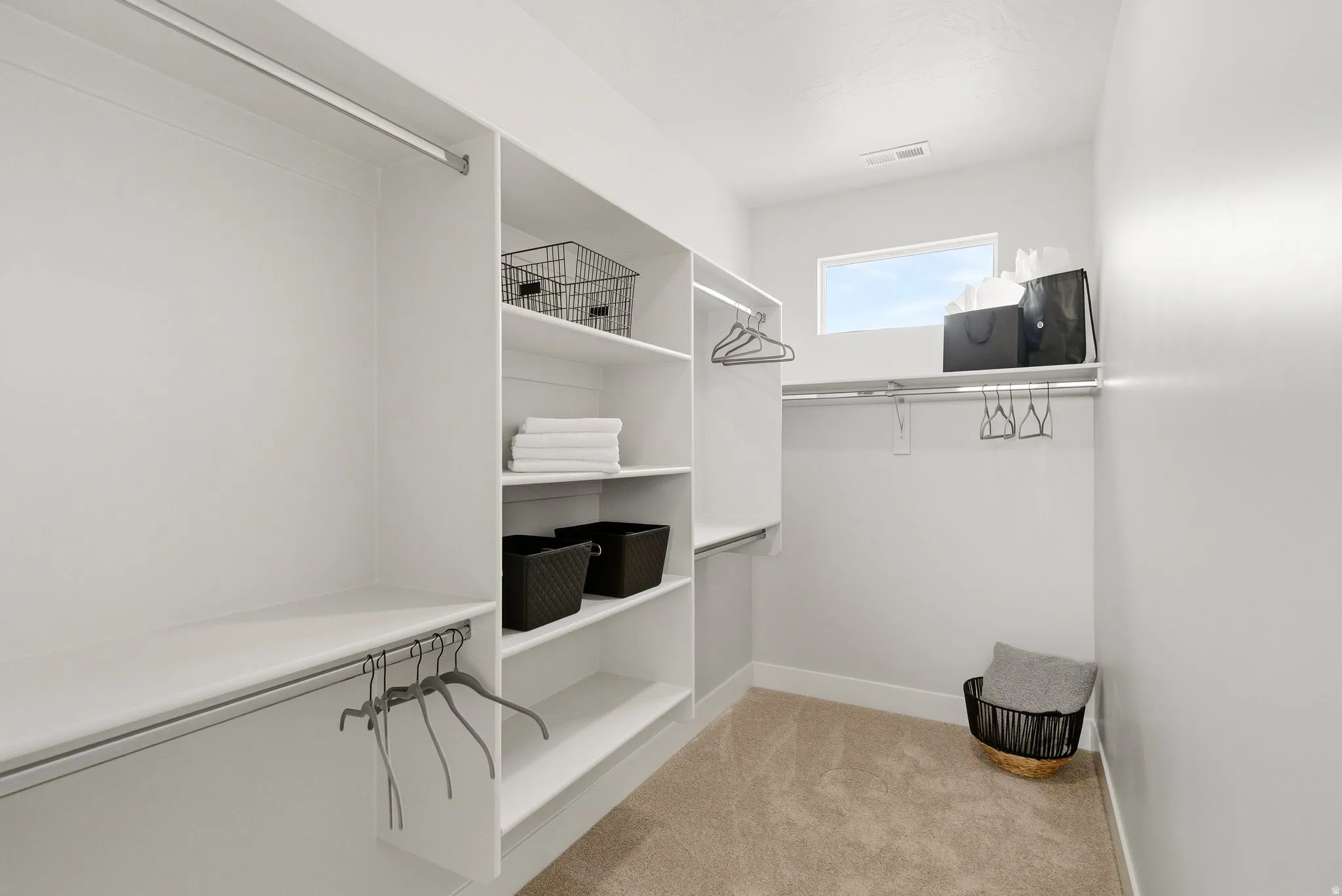 Walk in closet featuring light carpet