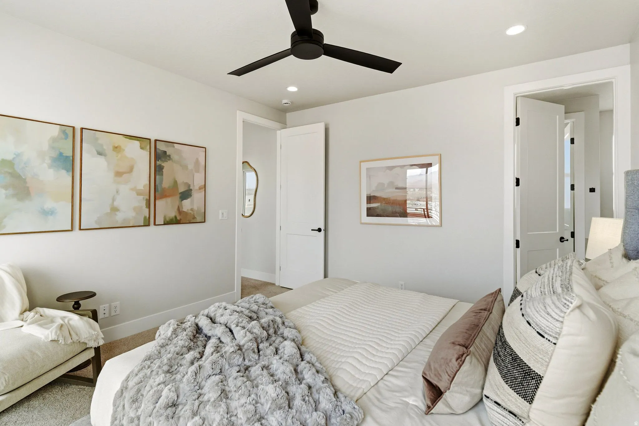Bedroom with ceiling fan, recessed lighting, and carpet floors